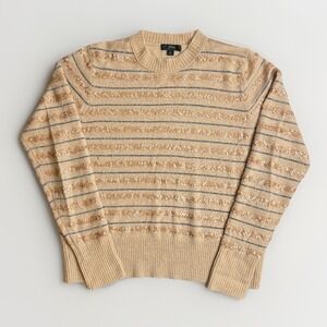 J CREW Soft Retro Beige Silver Metallic Gold Sequin Stripe Knit Sweater Sz LARGE